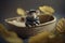 Mouse in the boat floats on an autumn pond, mouse dressed like a sailor on his boat, cartoon mouse clothes in the boat, generative