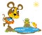 Mouse cartoon with little friend in fish pond