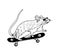 Mouse character in sunglasseson skateboard, hand drawn doodle, sketch in vintage gravure style, vector