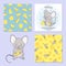 Mouse and cheese set. Seamless cheese patterns and cartoon mice