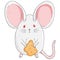 Mouse with cookie icon. Vector illustration of a cute little mouse with big ears. Hand drawn cartoon mouse holds a piece of cracke