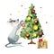 Mouse decorates a Christmas tree. Watercolor hand drawn illustration