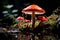 Mouse eating fly agaric in dark forest surrounded by ancient trees and glowing fungi