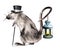 A mouse in a hat and with a cane stands tall with a curved tail and holds in it a Christmas lantern with a candle inside