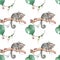 Mouse lemur pattern. Hand drawn cute watercolor cartoon mouse lemur on tree with jungle leaves on white background