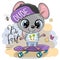 Mouse with a purple cap and a skateboard