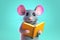 Mouse Smiling Bookworm. Character Wearing Glasses And Reading A Book. Illustration Part Of Animals In Library Collection.