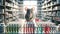 A mouse stands between rows of colourful test tubes in a sunlit pharmacy with shelves of medications