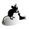 Mouse sweeps a broom, cleaning territory, silhouette on a white