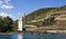 Mouse Tower with historical coloring and ruins of Ehrenfels Castle. Rhineland-Palatinate, Germany, Europe