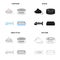 Mouse toy, pet food, fish bone, cat toilet. Cat set collection icons in cartoon black monochrome outline style vector