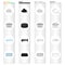 Mouse toy, pet food, fish bone, cat toilet. Cat set collection icons in cartoon black monochrome outline style vector