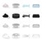 Mouse toy, pet food, fish bone, cat toilet. Cat set collection icons in cartoon black monochrome outline style vector