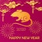 Mouse year greeting card flat vector template. Eastern New Year symbol on pink background. Golden mouse silhouette with