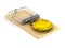 Mousetrap and bitcoin on white background. Isolated 3D image