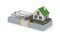 Mousetrap with house on white background. Isolated 3d illustration