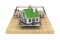 Mousetrap with house on white background. Isolated 3d illustration