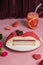 Mousse cake in shape of heart. Origami form. Velor cover. Homemade pastry shop.