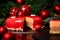 Mousse Christmas pastry cake dessert covered with red mirror glaze with new year decorations