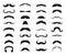 Moustache icons. Black moustaches, man accessories or props. Barber shop, gentlemen model face hairs. Isolated hipster