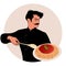 Moustached chef carrying a plate of spaghetti