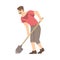 Moustached Man Archaeologist with Shovel Working on Excavations in Search of Archaeological Remains Vector Illustration
