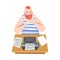Moustached Man Journalist Sitting at Desk Writing Article or Public Essay on Typewriter Vector Illustration