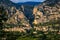 Moustiers Sainte Marie village between mountains in sunset, France