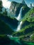 Moutain with waterfall green nature, Generative AI Illustration