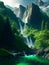 Moutain with waterfall green nature, Generative AI Illustration