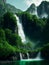 Moutain with waterfall green nature, Generative AI Illustration