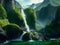 Moutain with waterfall green nature, Generative AI Illustration