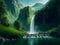 Moutain with waterfall green nature, Generative AI Illustration