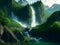 Moutain with waterfall green nature, Generative AI Illustration