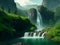 Moutain with waterfall green nature, Generative AI Illustration