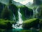 Moutain with waterfall green nature, Generative AI Illustration