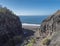 Mouth of Barranco de Guigui Grande gorge with view of empty sand beach Playa de Guigui in west part of the Gran Canaria