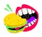 Mouth bites burger - colorful flat design style illustration