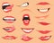 Mouth expressions. Lips with a variety of emotions, facial expressions. Female lips in cartoon style. Collection of