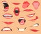 Mouth expressions. Lips with a variety of emotions, facial expressions. Female lips in cartoon style. Collection of