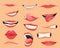 Mouth expressions. Lips with a variety of emotions, facial expressions. Female lips in cartoon style. Collection of