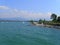 Mouth of the Rhine river in the lake,View of the Lake called Bodensee , shore near Bregenz Austria, with boats and Sail boats,