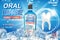 Mouth rinse ads, refreshing mouthwash product with ice cubes. White tooth and Oral rinse package Banner design on blue