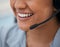 Mouth, smile and headset of customer service, telemarketing and call center worker talking, consultant and communication