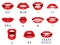Mouth sound pronunciation. Lips phonemes animation, talking red lips expressions, mouth speech sync pronounce vector