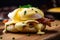 mouth-watering close-up of Eggs Benedict with crispy bacon, fresh chives, and creamy hollandaise sauce drizzled on top of a