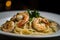 mouth-watering close-up of succulent shrimp scampi dish with buttery garlic sauce and fresh herbs served on a bed of linguine