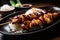 mouth-watering close-up of yakitori skewers with tender chunks of chicken and a tangy teriyaki glaze