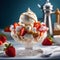 A mouth-watering ice-cream surrounded by an array of luscious strawberries