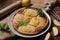 a mouth-watering image of apple French pie placed on wooden surface. Cake is decorated with fresh mint leaves, adding fragrant